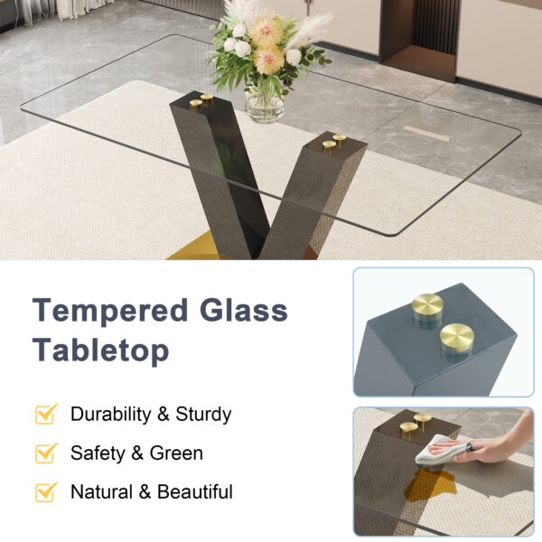 39754af3d93f40be91ec2e6e502bccff_66edf62d84d54c44c7484c84e4457841 Table and chair set.Luxurious Tempered Glass Dining Set - 63"x35.4" with 6 Comfortable Black PU Chairs With Golden Arched Metal Legs .V-Shaped Support Design Table Leg.
