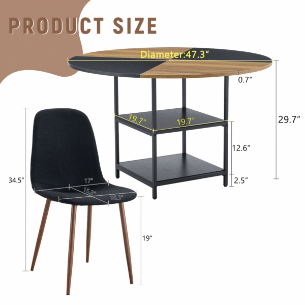 Table and chair set.A 47.3-inch diameter modern spliced color circular dining table - double-layer storage.Paired With 4 Black Linen-Cotton Material High Resilience Dining Chair with Metal Walnut Leg.
