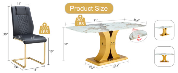 Table and chair set.71"x35.4"x30" Luxurious Pandora Patterned Glass Dining Tabletop with Golden Back To Back C-Shaped MDF Legs.Paried With 6 Black High-quality PU Chairs With Arched Metal Legs.