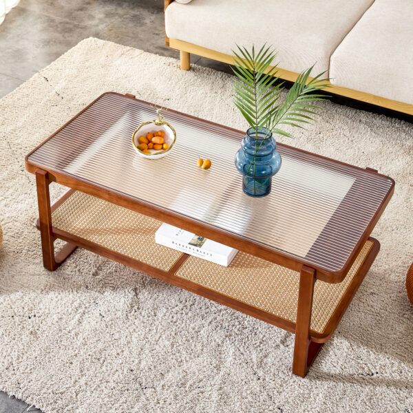3997817d1fd444b78cb4da1d4bc9b4e3_20230612_5c6d8ba621e46c04d36ec791bdfde637 Modern simple rectangle double-layer Walnut color solid wood Glass desktop tea table rattan woven Chinese side table small rectangle table suitable for living room, dining room and bedroom