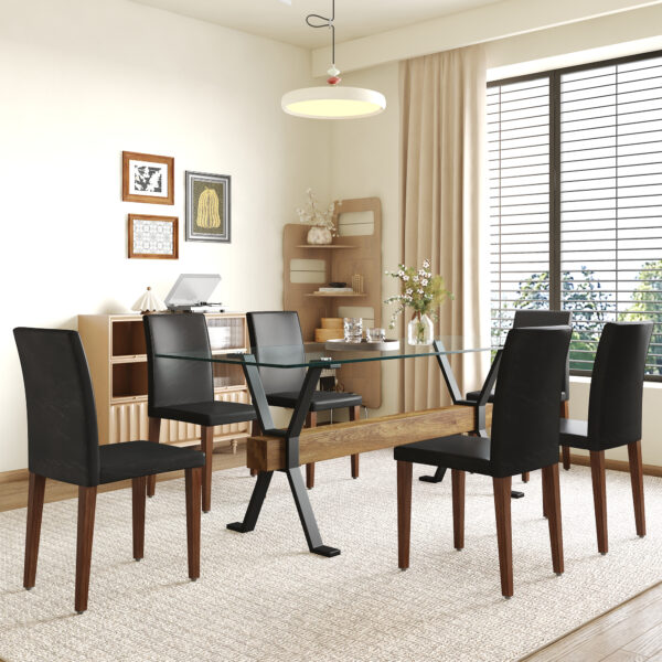 Table and chair set.79"x31.5" Inch Tempered Glass Tabletop With X-shaped Black Metal Table Legs,Wood Grain Textured MDF Crossbeam.Paired With 6 Black PU Dining Chairs with Walnut Color Metal Leg.