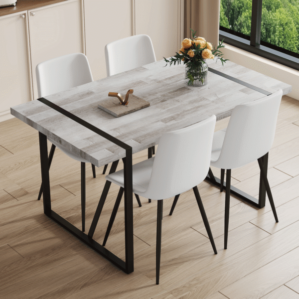 39de79a9d0ab4bde8f7d242ecf83bf18_f80c8d06e68acda217cd6a40a453ca92 Table and chair set.A minimalist retro rectangular dining table with a specially textured top and black metal legs.Paired With 4 White Artificial PU Chairs With Curved Widened Cushion Design.