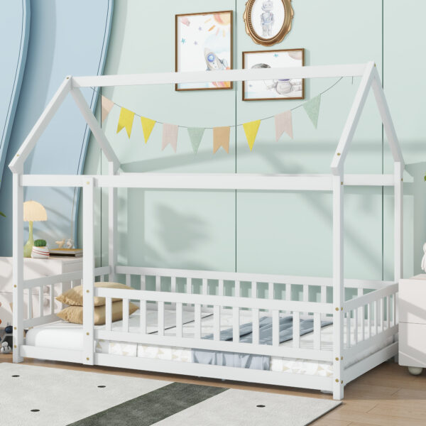 Twin Size House Floor Wooden Bed with Roof Frame,Safety Guardrails,White