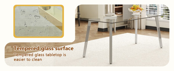 3a264bfd566d4426bd30f1f201dd860a_b02f4504e0028fbfc5d737644184a318 71 * 35.4 inch rectangular dining table. The transparent tempered glass tabletop is paired with silver 7-shaped metal table legs, showcasing a minimalist texture. Suitable for various places.