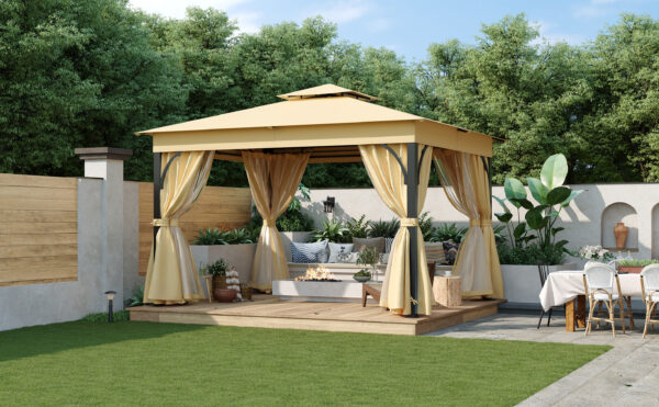TREXM 10x12 Outdoor Gazebo Tent with Double Roofs, Patio Gazebo with Mosquito Netting and Privacy Screens, Patio Canopy for Shade and Rain for Backyard, Garden, Lawn and Deck (Beige)