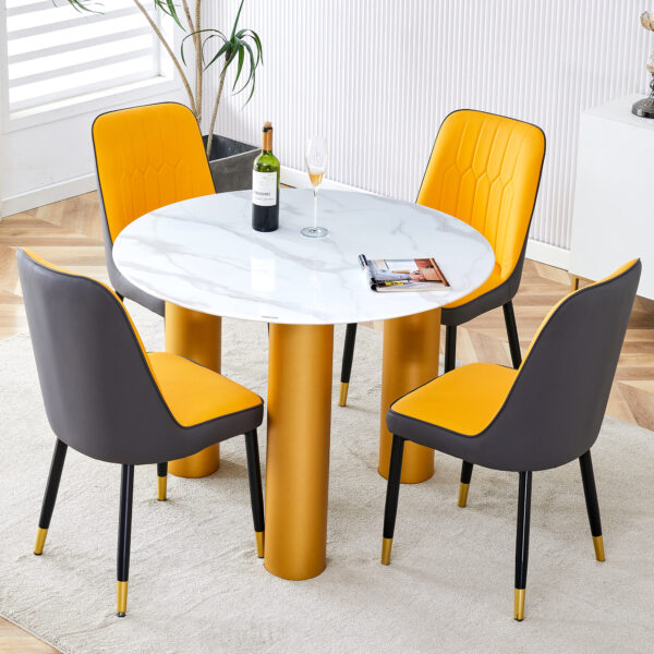 Round white dining table, artificial marble glass stickers, golden MDF legs, kitchen dining table, living room dining table 40 "* 40" * 29.4 "F-X03