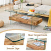 43.3 Inch Modern Two-Tier Coffee Table - Clear Tempered Glass and Natural Wood Grain, Multifunctional Storage Design.The bottom tier includes a drawer.Can be used as a coffee table,side table,etc.
