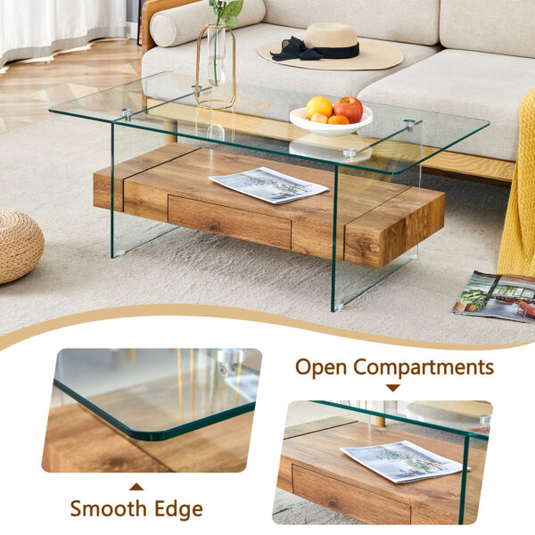 3a49184a265946ba848dcc22393e5e8f_7bd0732431389ace195b1bbf6e5a91fb 43.3 Inch Modern Two-Tier Coffee Table - Clear Tempered Glass and Natural Wood Grain, Multifunctional Storage Design.The bottom tier includes a drawer.Can be used as a coffee table,side table,etc.