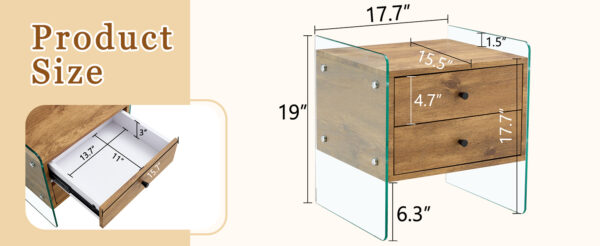 3a72c3c06094485dbffc008fdf8ff653_3969b0442e6af4803306ed6c979e71b4 Double-drawer bedside table. The board surface is MDF sticker, and both sides are transparent tempered glass. The design is simple and elegant, with excellent storage functions.