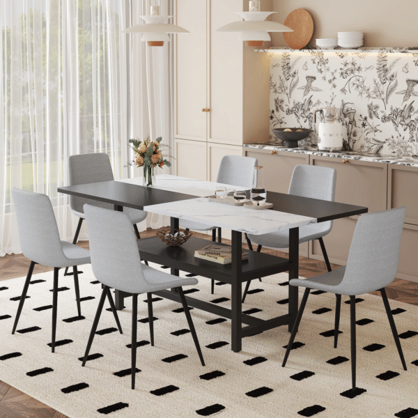 3a8f1d2a47d24a34a16f33df5b010beb_1c6ee02eb95c0f716a0ac1c402fa19bd Table and chair set.71*35.4 inch White And Black Spliced Dining Table With Storage Function In The Middle Of The Table Legs.Paired With 6 Light Gray Linen Dining Chairs With Curved Widened Cushion.
