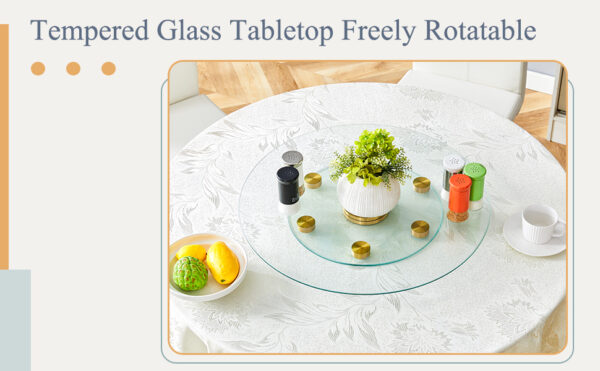 3aa06db0110d4510a43ed52883f53c98_7d1a5d0bb6a6f8ace1e83d50a572588d Double layer rotatable round glass.Golden aluminum plate,The rotatable design makes it convenient to retrieve and place items.The upper glass has a diameter of 24 inches, the lower glass15 inches.