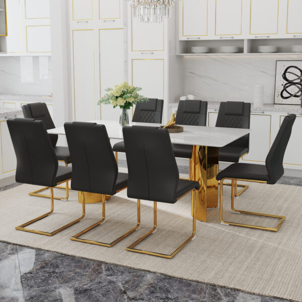 3ab1a58bed3d4b2a9371d859ba7d4ee6_af2e187fe9fded72ecae61ced5144402 Table and chair set.The table has a glass tabletop with imitation marble pattern stickers and stainless steel golden table legs. Paried with comfortable chairs with PU seats and metal legs.