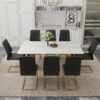 Table and chair set.The table has a glass tabletop with imitation marble pattern stickers and stainless steel golden table legs. Paried with comfortable chairs with PU seats and metal legs.