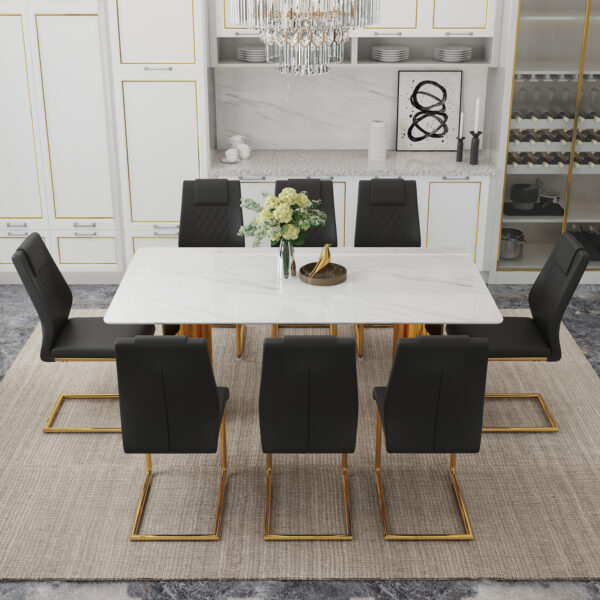 3b07bef0917c4c50a48f4eea16280568_2cd380ba9752bee014184548819b8cee Table and chair set.The table has a glass tabletop with imitation marble pattern stickers and stainless steel golden table legs. Paried with comfortable chairs with PU seats and metal legs.