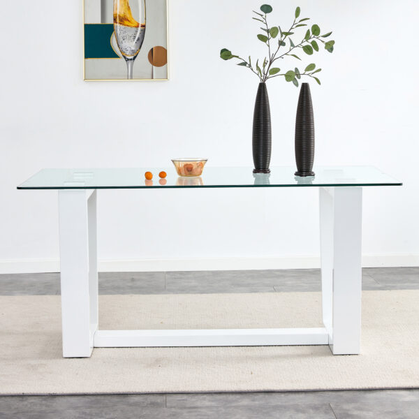 Glass Dining Table Large Modern Minimalist Rectangular for 6-8 with 0.4" Tempered Glass Tabletop and white MDF Trapezoid Bracket,For Kitchen Dining Living Meeting Room Banquet Hall F-1550
