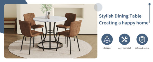 3b15513d220a4edc9595fe5295d2d8a5_ec75e7cfd2986fd8163bb98d5c286942 Table and chair set.A Modern Minimalist Circular Dining Table With A Diameter Of 33.3 Inches.Paired With 4 High Quality Brown Dining Chairs Made Of Technology-Fabric.Iron pipe spraying Legs.