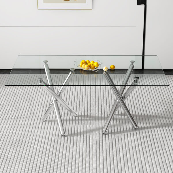3b2cd745c18e42afad35bc5a0e2edd23_5087f39883c80edb29182edcfd55004c Large Modern Rectangular Glass Dining Table for 6-8 with 0.39" Tempered Glass Tabletop and Silver Chrome Metal Legs, for Kitchen.Tempered Glass Tabletop,Double Fork Metal Legs.W1151S03321