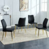 Four black dining chairs. A medieval modern chair made of PU material with soft cushions, equipped with golden metal legs. Suitable for restaurants and living rooms