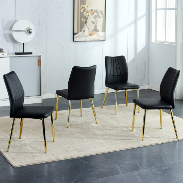 3b3616dd08ae4efc9f07f3b7cf07b6bf_20240205_93462c377b024446ffb3df8a7e8bc9ca Four black dining chairs. A medieval modern chair made of PU material with soft cushions, equipped with golden metal legs. Suitable for restaurants and living rooms