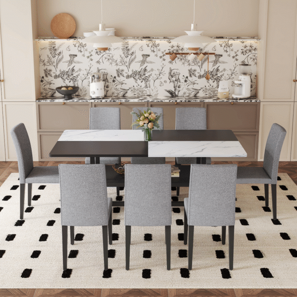 3b40793f8c634706b4f189bf778f19c5_2aa1573622d23a6ea92c7886241a2e3c Table and chair set.71*35.4 inch White And Black Spliced Dining Table With Storage Function In The Middle Of The Table Legs.Paired With 8 Light Gray Linen-Cotton Dining Chairs, Simple And Versatile.