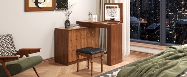 Vanity Desk with Mirror and Lights, Makeup Vanity Table with Flip-Top Tabletop and Storage 7 Drawers, 9 Compartments, 3 Shelves, 3 Color Modes Adjustable Makeup Table for Bedroom, Walnut