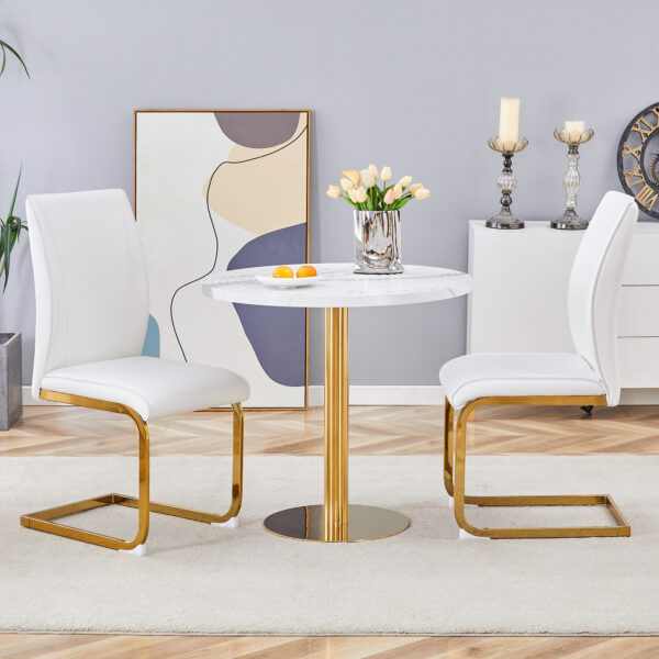 3b5cae1b7f1b4c6c9dc6d0d86b33897b_152dcc8490c714cabea47b3b45bc7f8b Table and chair set.31.5 Inch Elegant White Marble Pattern Round Dining Table - Suction Molding Annular Texture.Paired With 2 White PU Material High Resilience Dining Chairs.