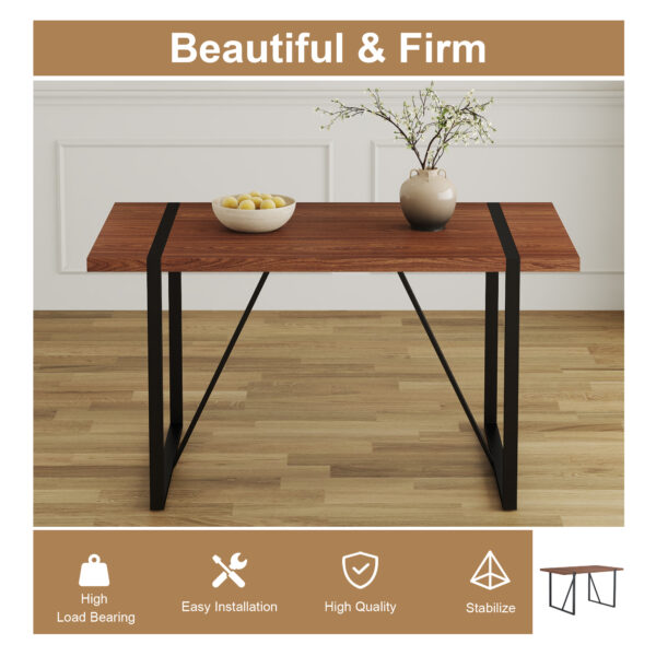 3b6225336dc341a9b60dff6f7c65b685_275f216bab09ee6ef218a54d9b6e855e Industrial Rectangular MDF Walnut Color Wood Grain Dining Table for 4-6 people with 1.5 inch thick MDF top and black metal legs for desks, kitchens, patios, dining rooms.