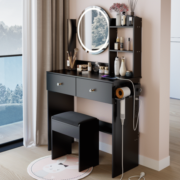 17" Round LED Mirror Vanity Table+Cushioned Stool, Equipped With 2 AC+2 USB Power Socket, Big Mirror, Touch Switch, 3 Colors, Adjustable Brightness, Large Desktop, Multi-layer High Capacity Storage