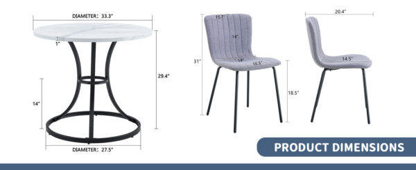 3b7e7c6357b04464bf90f2211f8b9aa1_876b7b14a540604ef164314d64def0d1 Table and chair set.A Modern Minimalist Circular Dining Table With A Diameter Of 33.3 Inches.Paired With 4 High Quality Light Gray Dining Chairs Made Of Linen Fabric.Iron pipe spraying Legs.