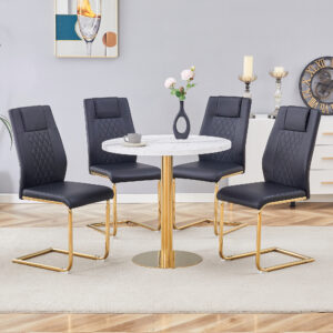 Table and chair set.31.5 Inch Elegant White Marble Pattern Round Dining Table - Suction Molding Annular Texture.Paired With 4 Black High-quality PU Chairs With Arched Golden Metal Legs.