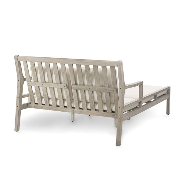 TREXM Outdoor Daybed, Patio Daybed with Four Pillows, Wooden Outdoor Bed with Curved Armrests for Poolside, Backyard, Garden (Gray+Beige Cushion)