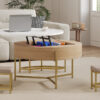 Modern Round Lift-Top Coffee Table with Storage & 3 Ottoman White & Natural