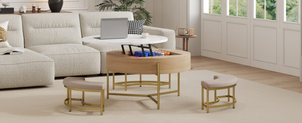 Modern Round Lift-Top Coffee Table with Storage & 3 Ottoman White & Natural