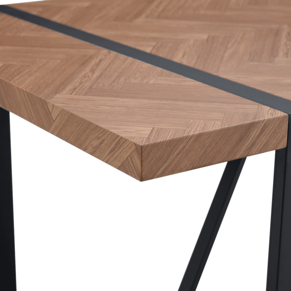 Table and chair set.A retro rectangular dining table with a wood color fishbone textured top and black metal legs.Paired With 4 Brown technology fabric chairs with Featuring arched black legs.