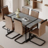 Table and chair set. Modern minimalist grey marble textured MDF dining table with metal frame.Paired with 6 brown technology fabric chairs with Featuring arched black legs.