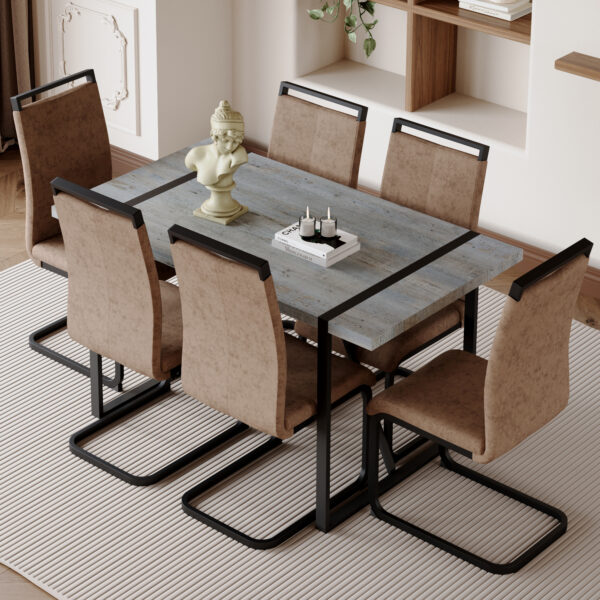3c0f969e45d7416c8e85170e91a0f441_2d63fdc0f74089d76ffdcc600a5f4224 Table and chair set. Modern minimalist grey marble textured MDF dining table with metal frame.Paired with 6 brown technology fabric chairs with Featuring arched black legs.