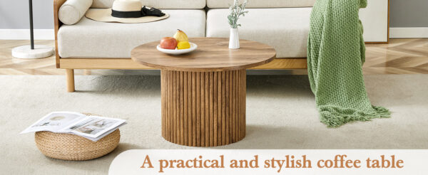 3c14a92874de450a81356cbf1bfd7c2a_ec462eafaa8985864ecad0dcd4aade86 A modern circular coffee table with a diameter of 27.5 inches interprets home aesthetics and practicality. MDF material,cylindrical table leg design.Becoming the visual focal point of home decoration.