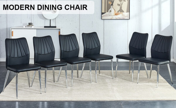 3c538af85b5a45f9ae9a13325626415b_20240205_8f54e228534bc0a69291a4111b698309 6 black dining chairs. Modern chairs from the Middle Ages. Made of PU material cushion and silver metal legs. Suitable for restaurants and living rooms