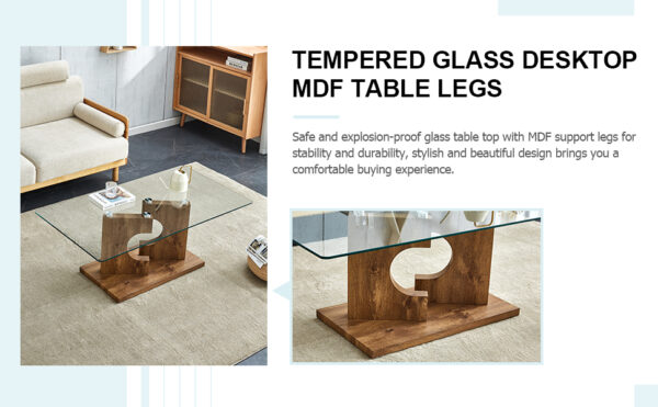 3c6498fea05045e8aade21664954893e_20240204_d7093761f9794b33ee4f1afd996019e7 A rectangular modern and fashionable coffee table with tempered glass tabletop and wooden color MDF legs. Suitable for living room.47.2"*25.5"*18"
