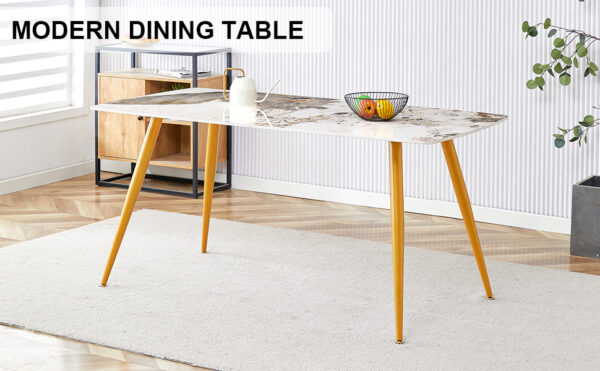 3c675904753849f1a9cfbe5365c2a3a0_7327d8b5e89c16905f0f6e57ed4513c1 Modern minimalist dining table. White imitation marble pattern SINTERED STONE desktop with golden metal legs.62.2"*34.6"*30" F-001