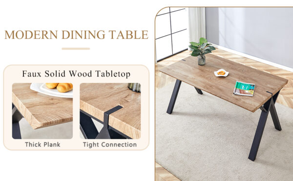 3c7c4234ad7041cf9ee8a963e7a06210_5272d034335a0eeed455ff298d60f8e5 Table and chair set.63"x35.4" Wood-Textured MDF Dining Table with Black A-Frame Legs.Paired with 4 Brown Technology Fabric Round Corner Dining Chair.Density Board Sticker,Iron Pipe Spraying,