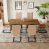 Table and chair set.67"x36" Wood-Textured MDF Dining Table Set with 6 Brown Fabric Chairs.MDF sticker,Wood colored texture sticker,Black C-tube dining chair legs,Suitable for kitchen,Dining room,etc.