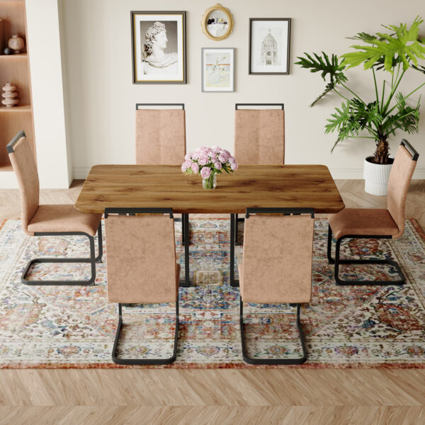 3c839a5bc1f84b69b9ae14fe088f3336_56e716493a83211d4640cf5ab6662183 Table and chair set.67"x36" Wood-Textured MDF Dining Table Set with 6 Brown Fabric Chairs.MDF sticker,Wood colored texture sticker,Black C-tube dining chair legs,Suitable for kitchen,Dining room,etc.