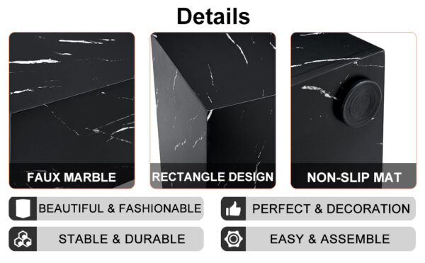 3c9d678b23734514a4a50874cb805ff5_c2ad279fe0dbbdc78113df691b3e673e 11.8*11.8*19.6 Inch Black Marble Texture MDF Coffee Table - Luxurious Design, Perfect Living Room Accent.Rectangular fashion texture design coffee table, suitable for various situations and scenes.