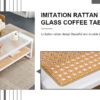 Modern minimalist white double layered solid wood coffee table. Glass tabletop, imitation rattan  edge table. Rectangular table suitable for living room, dining room, and bedroom