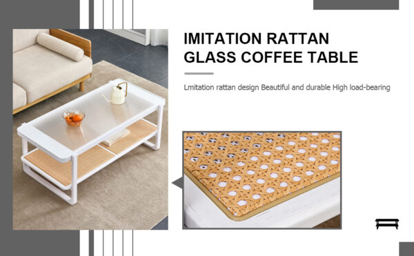 3c9feb2148db46909c9d55b450bdb5e1_20240123_cc355815d9e16580f96a13cf1b002877 Modern minimalist white double layered solid wood coffee table. Glass tabletop, imitation rattan edge table. Rectangular table suitable for living room, dining room, and bedroom