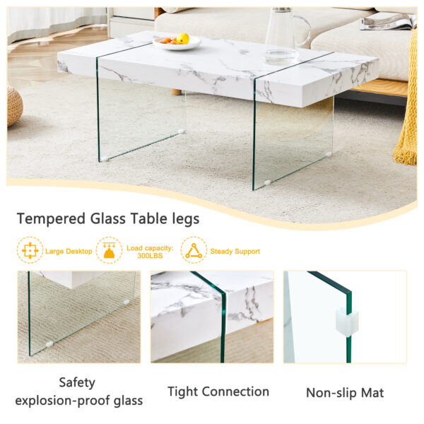 3ca548ba766c4bf893ab6351cb82734a_15333c075a7491111cbd39260643b82d 43.3"x23.6" White Marble-Patterned MDF Coffee Table with Tempered glass legs.Suitable for Living Room.It can be used not only as a coffee table but also as a side table or display stand.