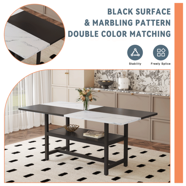 Table and chair set.71*35.4 inch White And Black Spliced Dining Table With Storage Function In The Middle Of The Table Legs.Paired With 6 Light Gray Linen Fabric Chairs.