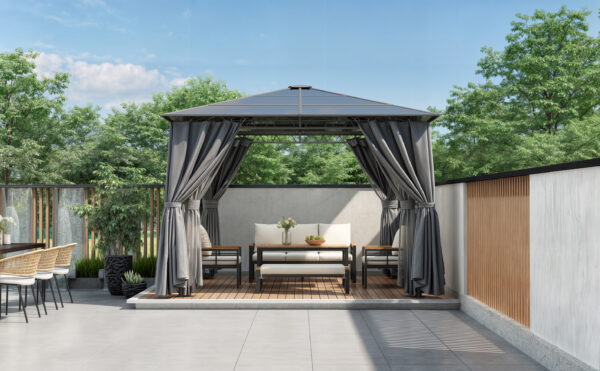 TREXM 10'x10' Hardtop Outdoor Gazebo with Polycarbonate Roof, Patio Gazebo with Aluminum Frame, Mosquito Netting and Privacy Screens for Shade and Rain, Backyard Tent for Backyard, Garden, Lawn (Grey)