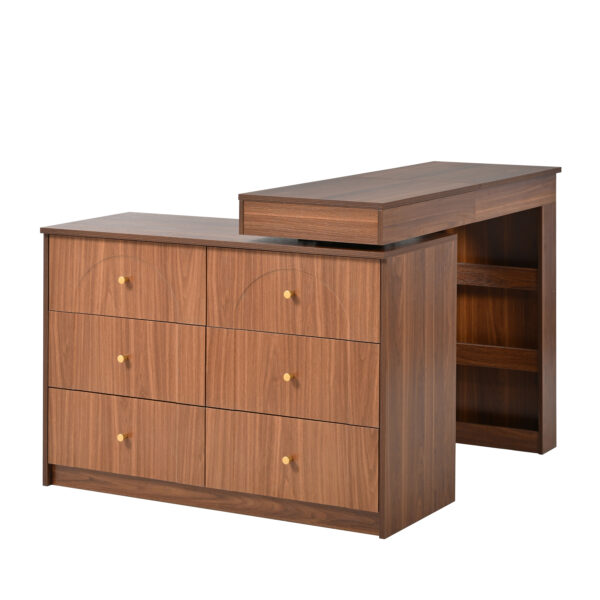 Vanity Desk with Mirror and Lights, Makeup Vanity Table with Flip-Top Tabletop and Storage 7 Drawers, 9 Compartments, 3 Shelves, 3 Color Modes Adjustable Makeup Table for Bedroom, Walnut